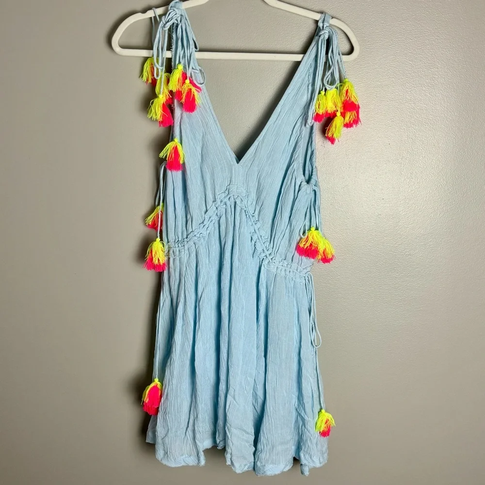 NEW Anthropologie Sundress Mini Light‎ Blue Swim Cover with Neon Tassels Size XS